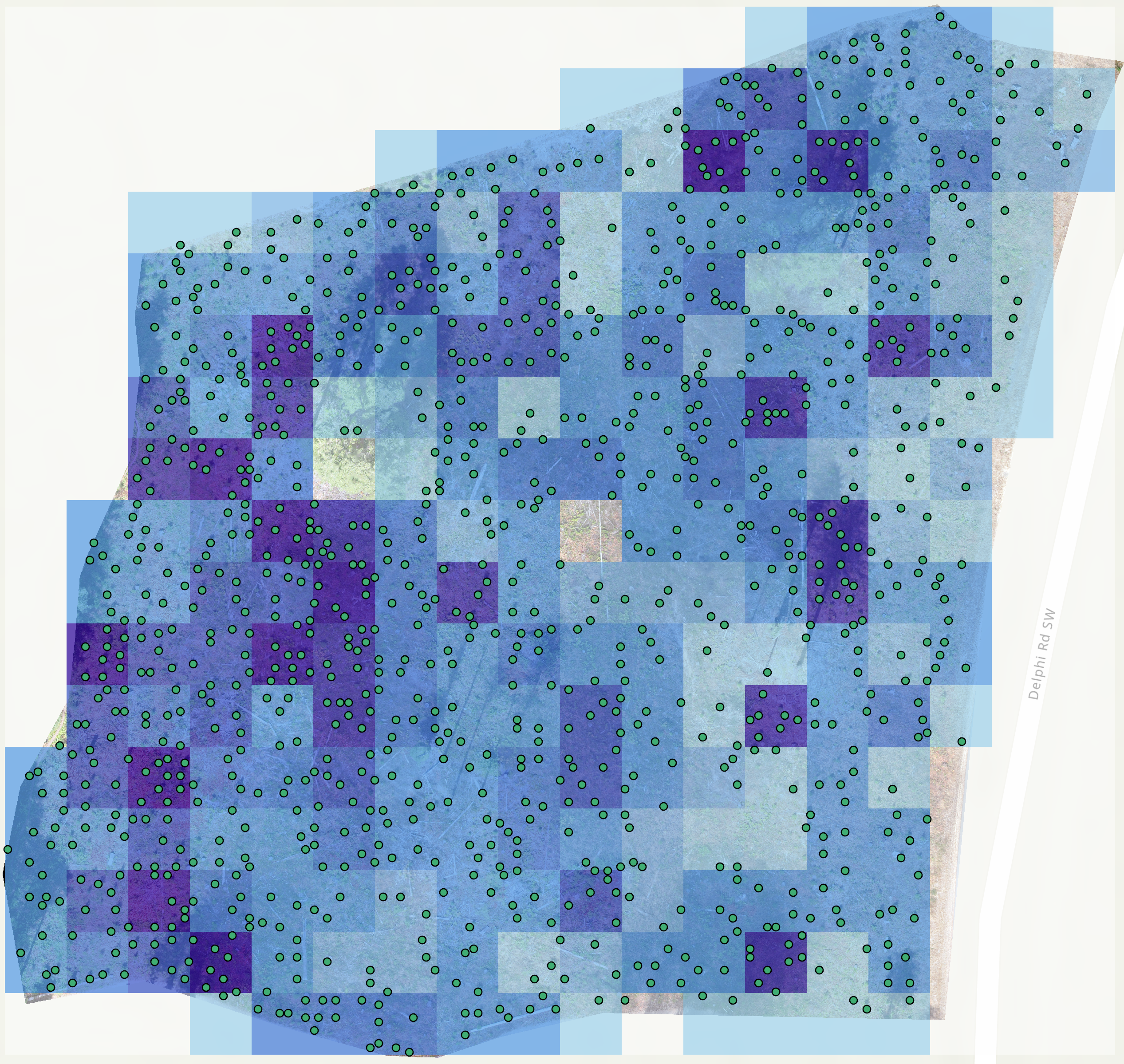 Fishnet grid with trees per acre by cell